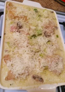 Chicken and leek casserole bake, ready to go into the oven