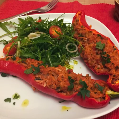Roasted romano peppers stuffed with pork mince and wild rice
